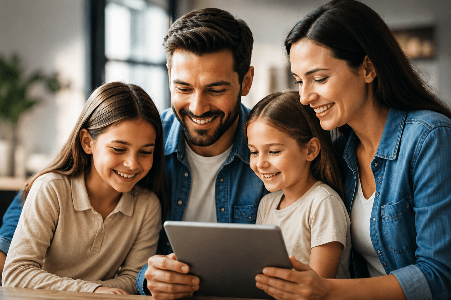 Família consultando soluções financeiras em um tablet